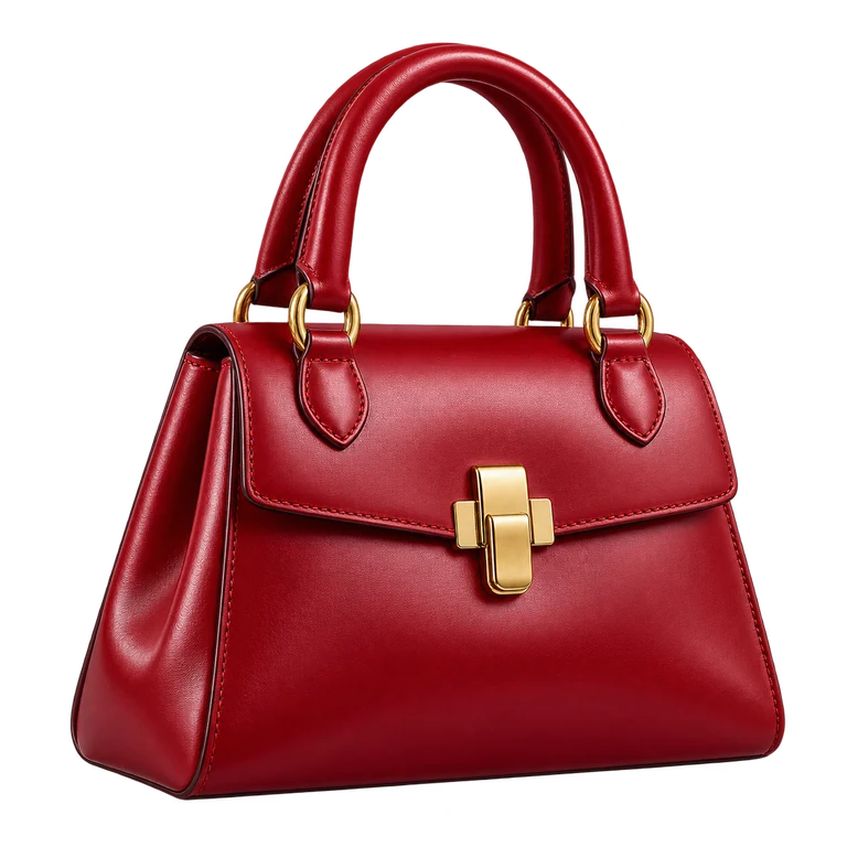 Cherry-red leather handbag with refined gold hardware
