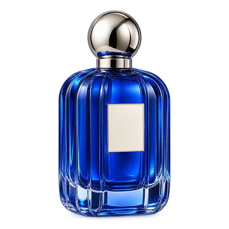 Cobalt-blue sculptural perfume bottle with a chrome cap